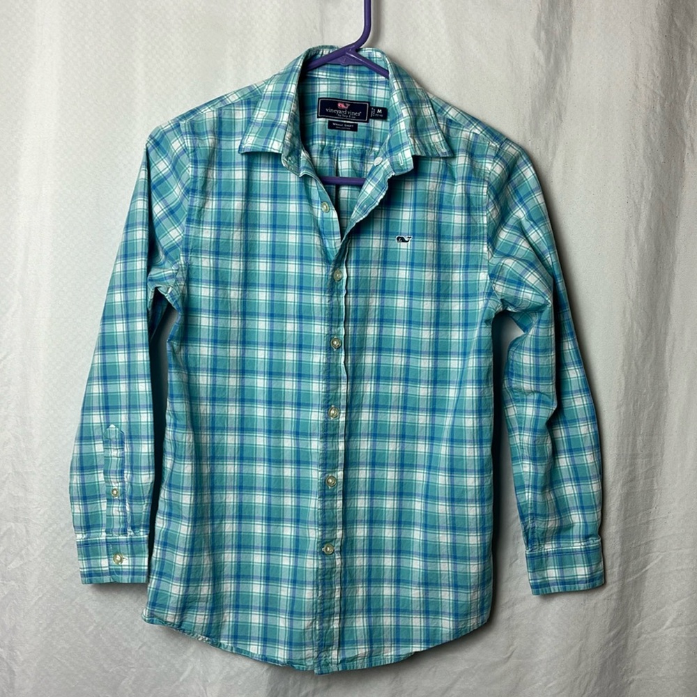 Vineyard Vines Green Blue White Plaid Whale Button Front Shirt Boys M